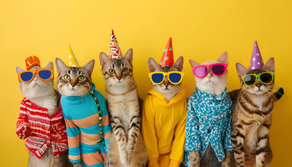 Wall Mural - Creative animal concept. Group of cat in funky Wacky wild mismatch colourful outfits isolated on bright background advertisement