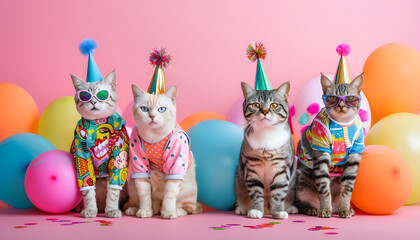 Creative animal concept. Group of cat in funky Wacky wild mismatch colourful outfits isolated on bright background advertisement