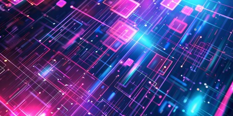 Abstract futuristic background with neon glowing blocks and lines in blue, pink, and purple colors. Digital technology concept. High quality photo