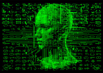 Wall Mural - Green 3D human face on a dark background. Conceptual vector illustration on the topic of virtual reality and technology.