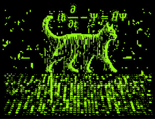 Wall Mural - Schrodinger cat and equation in pixel art retrofuturistic style. Conceptual vector illustration of  linear partial differential equation that governs the wave function of a quantum-mechan