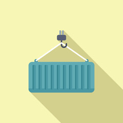 Canvas Print - Vector illustration of a blue shipping container suspended from a hook, with a shadow, on a yellow backdrop