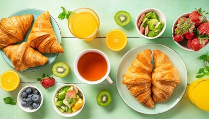 breakfast with croissants, fruit and tea