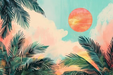 Wall Mural - Abstract colorful summer scene with palms. AI generative art 
