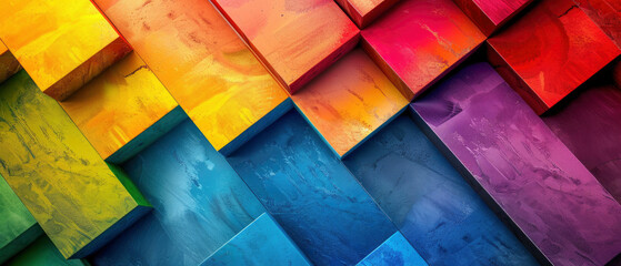 Wall Mural - Closeup of colorful, rainbow colored geometric shapes of cuboids wall or background texture pattern with 3d gradient, modern business design, webdesign