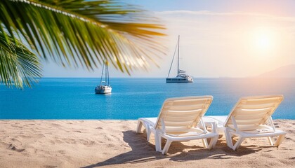 sun loungers on the sand on the beach and sea view in the background