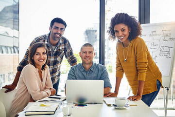 Leinwandbilder - Meeting, portrait and web design teamwork on laptop with project, planning or coworking chat. People, research and brainstorming website with happiness, support and creative collaboration in office