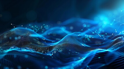 Abstract blue tech background with digital waves, dynamic network system, artificial neural connections, cyber quantum computing and electronic global intelligence 