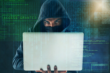 Wall Mural - overlay, coding and portrait of hacker on laptop for programming, malware and information technology