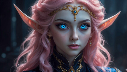 Wall Mural - High detailed portrait illustration of a female elf sorcerer with glowing blue eyes wearing a dark robe