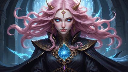 Wall Mural - High detailed portrait illustration of a female elf sorcerer with glowing blue eyes wearing a dark robe