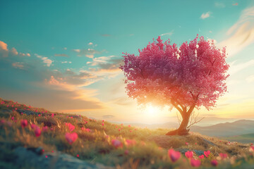 Wall Mural - Tree of love in spring. Red heart shaped tree at sunset. Beautiful landscape with flowers. Love background with copy space