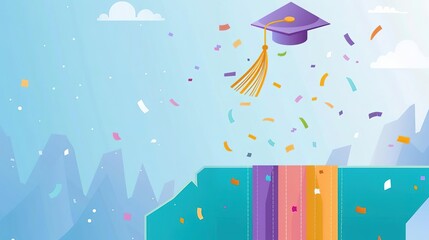Wall Mural - A graduation cap flies into the air, surrounded by confetti. The background is a blue sky with white clouds and purple mountains.