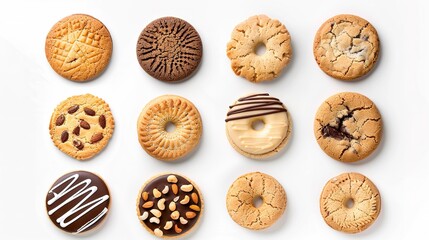 Collection of round cookie cookies biscuit, classic and nut set, on white background cutout file. Many assorted different design. Mockup template for artwork design