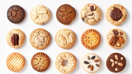 Collection of round cookie cookies biscuit, classic and nut set, on white background cutout file. Many assorted different design. Mockup template for artwork design