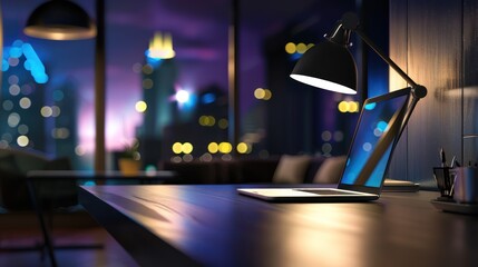 work desk with laptop and lamp on table at night,