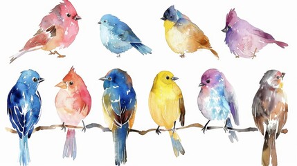 set various small winter birds on a branch of watercolors on white background	
