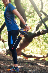 Poster - Stretch, woman and legs in forest for run on trail in nature for fitness, summer and training for sport. Active, health and running shoes for hike in green nature for wellness or cardio in London.