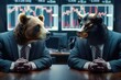 © LoLArt - Bull and bear businessmen stock market charachters sitting with hands on table facing each other bullish vs bearish trend