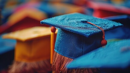 Wall Mural - A group of blue graduation caps with water drops on them. The caps are arranged in a row, with the top of the caps facing the viewer. The background is blurred and out of focus.
