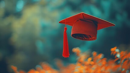 Wall Mural - A red graduation cap is thrown in the air in celebration.