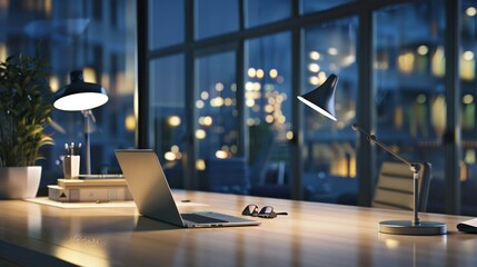 work desk with laptop and lamp on table at night,