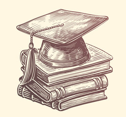Wall Mural - Graduation cap on stack of books. Education and studies concept. Clipart sketch drawing