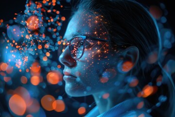 Wall Mural - Female physics scientist wearing glasses looking into fantasy world of cyberspace glowing network close up photo