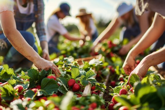  people pick strawberries in the fields. pickers. strawberry fields. strawberries in a basket