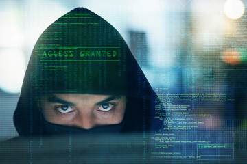 Wall Mural - hacker, online system and man with code for programming, malware and information technology in dark.