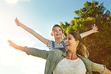 Sticker - Mom, child and piggyback for airplane in park for bonding, love and sunshine on holiday with memory. Family, mother and daughter with smile, connection and games on adventure in garden on vacation