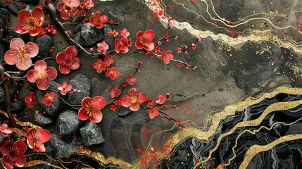 Poster - Oriental Art Landscape Banner: Gold, Black, and Red Modern Textures