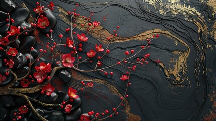 Wall Mural - Modern Oriental Art: Landscape Banner with Gold, Black, and Red Textures