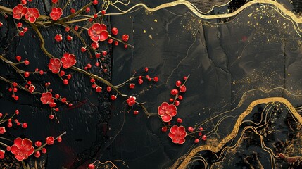 Wall Mural - Oriental Art Landscape with Cherry Blossoms: Modern Gold, Black, and Red Textured Banner