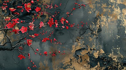 Poster - Modern Oriental Landscape Banner: Gold, Black, and Red Textures with Cherry Blossoms