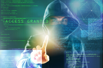 Wall Mural - code overlay, hacker and fingerprint of man for programming, coding and information technology. cybe
