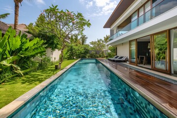 : A chic modern villa with a sleek, rectangular swimming pool, bordered by a wooden deck and lush, manicured gardens, captured in high definition.