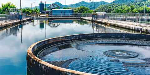 Blackwater treatment tank with waste water, water clarifier cleaning. Nobody, industry sewer systems. 