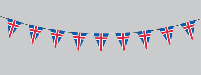 Wall Mural - Icelandic Sovereignty Day, bunting garland, string of triangular flags for outdoor party, Iceland, pennant, retro style vector illustration