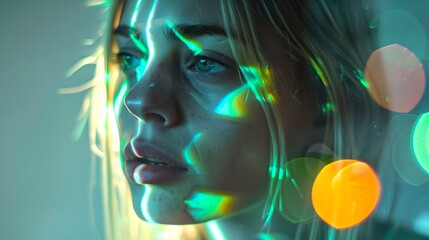 Poster - Mysterious Woman with Colorful Lights on Face. Artistic Portrait, Futuristic and Dreamy. Fashion and Beauty in a Surreal Setting. AI