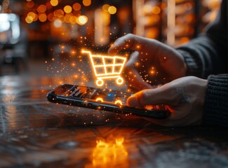 man's hand using a mobile phone with a shopping cart icon floating on the screen in an online retail