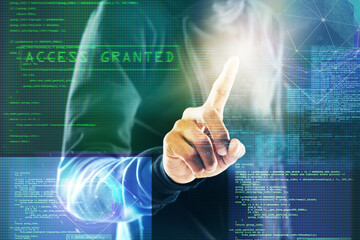 Wall Mural - code overlay, hacker and fingerprint of person for programming, coding and information technology in