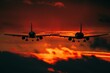 Airplanes landing at the airport against a sunset sky background.