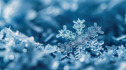 The photo shows a close-up of a beautiful snowflake. The snowflake is in focus and has a delicate and intricate design. The background is out of focus and is a soft blue color.