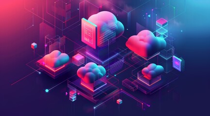 Design an isometric digital illustration for the website, featuring abstract cloud shapes and geometric forms in a pink blue gradient color scheme.