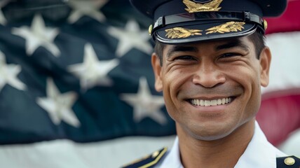 Wall Mural - Smiling mixed race American soldier in dress uniform, with blurred US flag in background.