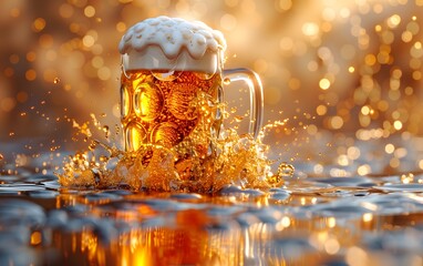 Wall Mural - A beer mug on the wooden table. The beer is pale golden in color and have thick white foam on top. There was a little beer splashed on top. If you try a sip of cold beer, it will be very refreshing.