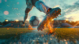 Fototapeta Sport - Generative AI, football boot kicking a soccer ball, goal moment on the stadium PHOTOGRAPHY


