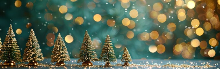 Wall Mural - Golden Christmas Trees and Bokeh Lights on Festive Table - Merry Christmas Greeting Card Design