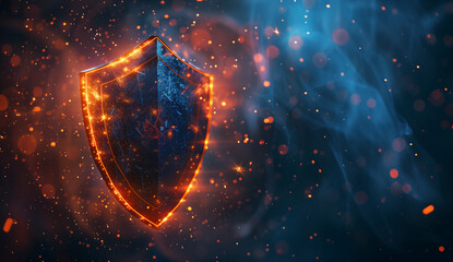 Wall Mural - A shield with glowing symbols floating in space, symbolizing the protective nature of AI medical protection and safety. The background is dark blue with splashes of orange all around.